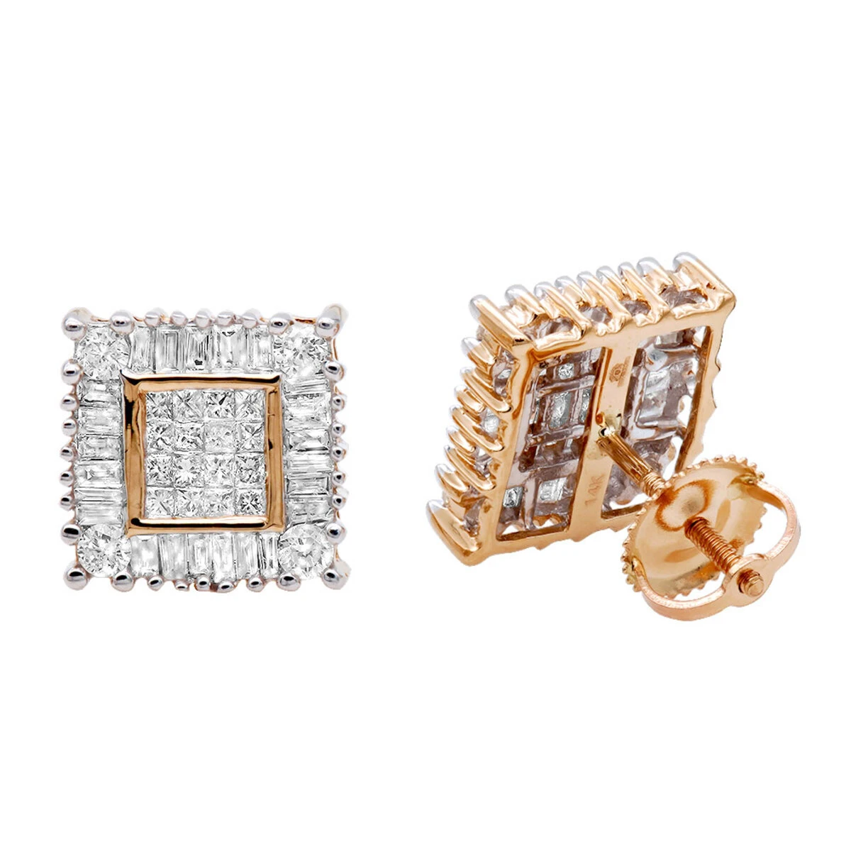 14K Yellow Gold Baguette Princess & Round Diamond Earrings 1.01ct 5 14K Yellow Gold Baguette Princess & Round Diamond Earrings 1.01ct - Image 3