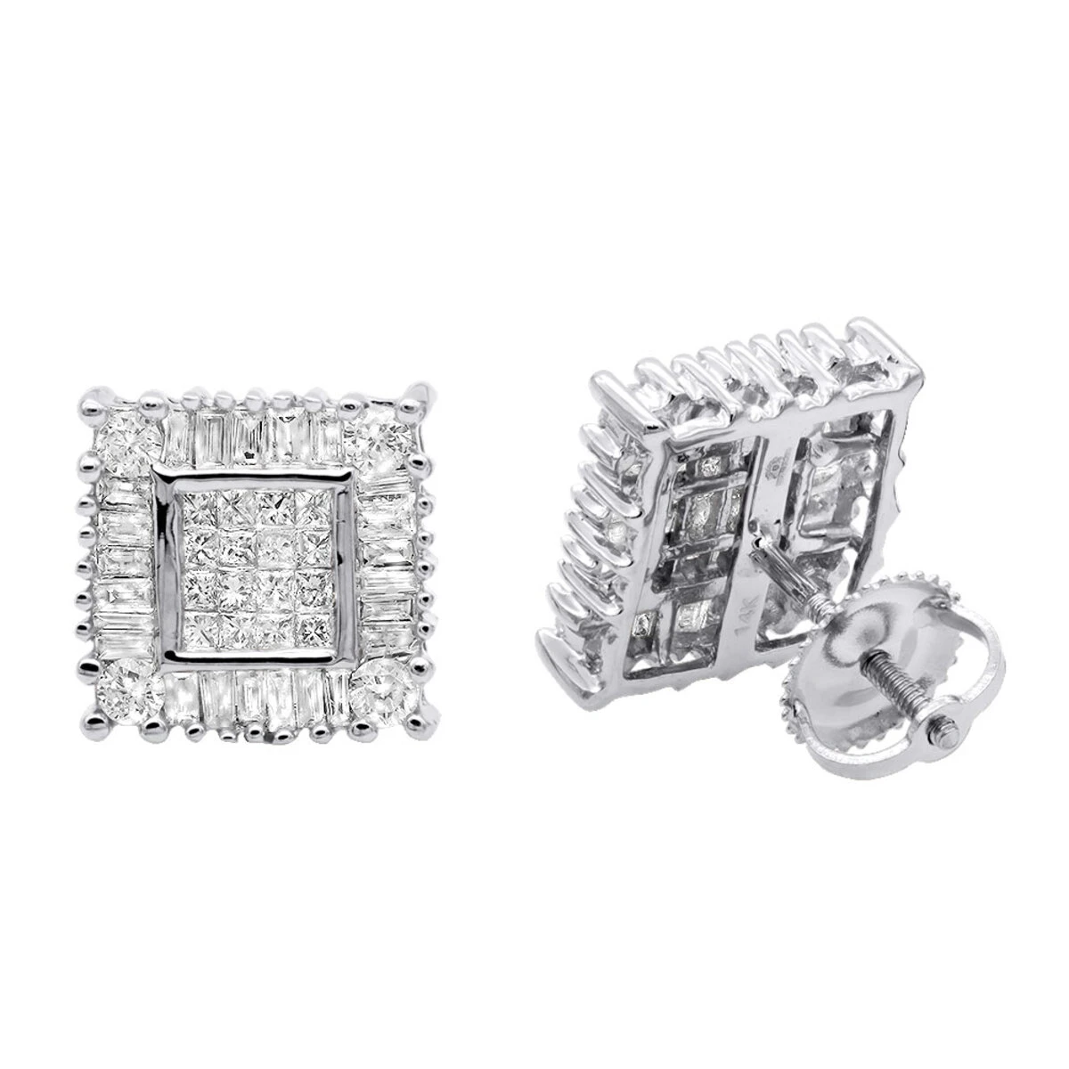 14K Yellow Gold Baguette Princess & Round Diamond Earrings 1.01ct 4 14K Yellow Gold Baguette Princess & Round Diamond Earrings 1.01ct - Image 2