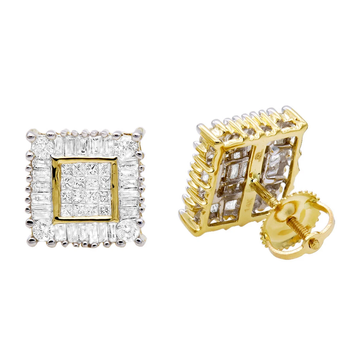 14K Yellow Gold Baguette Princess & Round Diamond Earrings 1.01ct 3 14K Yellow Gold Baguette Princess & Round Diamond Earrings 1.01ct