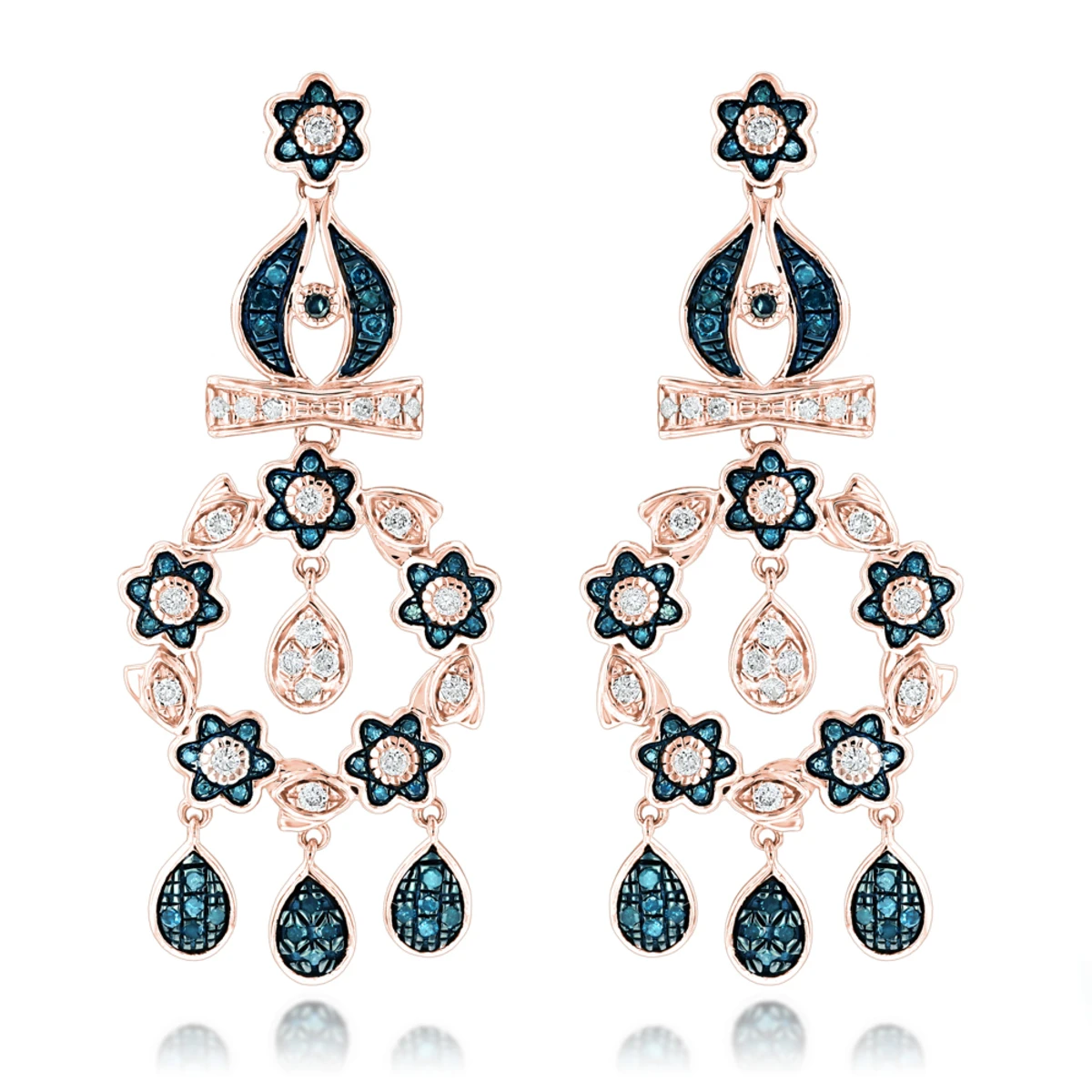 14K White Gold Blue Diamond Flower Chandelier Earrings 1.61ct 5 14K White Gold Blue Diamond Flower Chandelier Earrings 1.61ct - Image 3