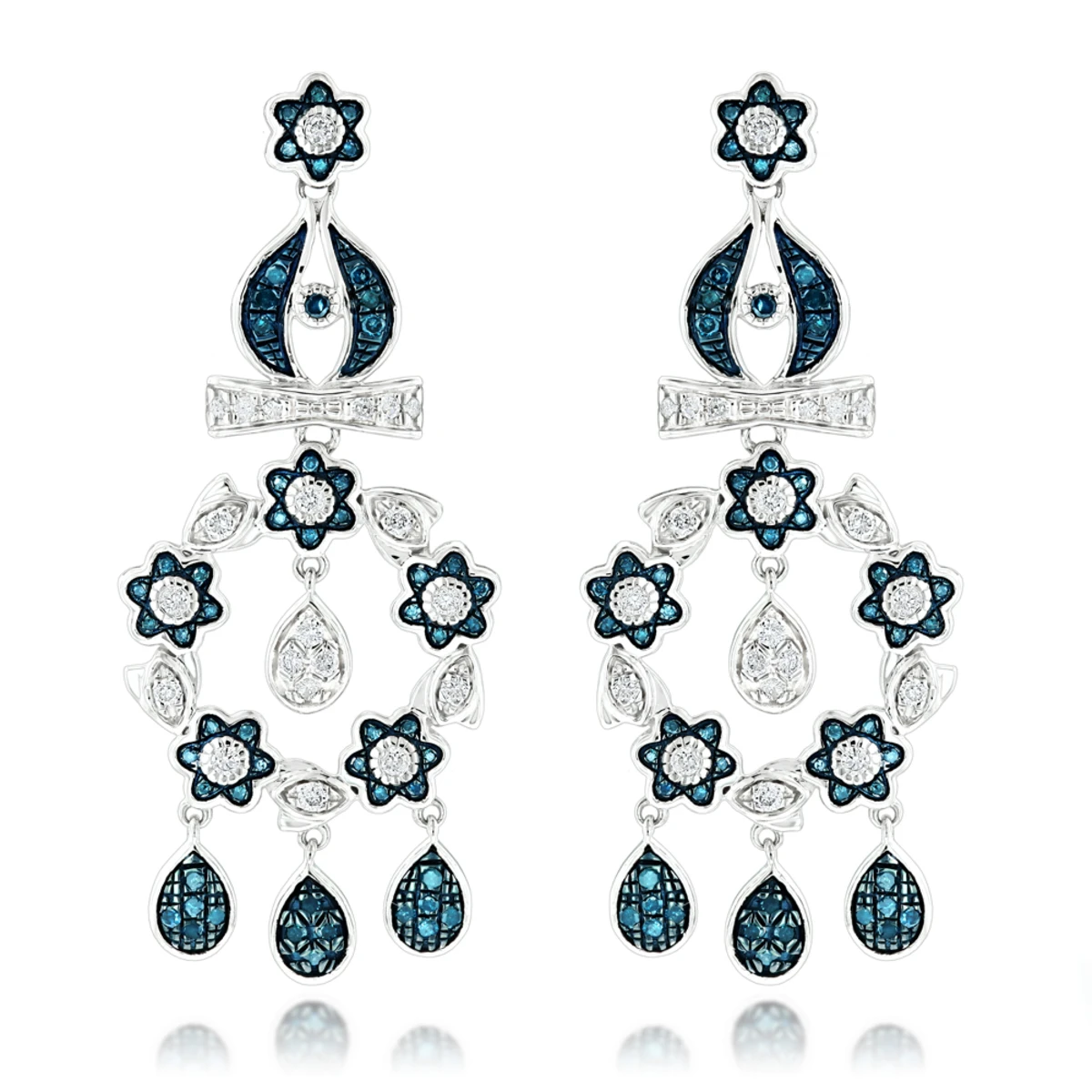 14K White Gold Blue Diamond Flower Chandelier Earrings 1.61ct 3 14K White Gold Blue Diamond Flower Chandelier Earrings 1.61ct