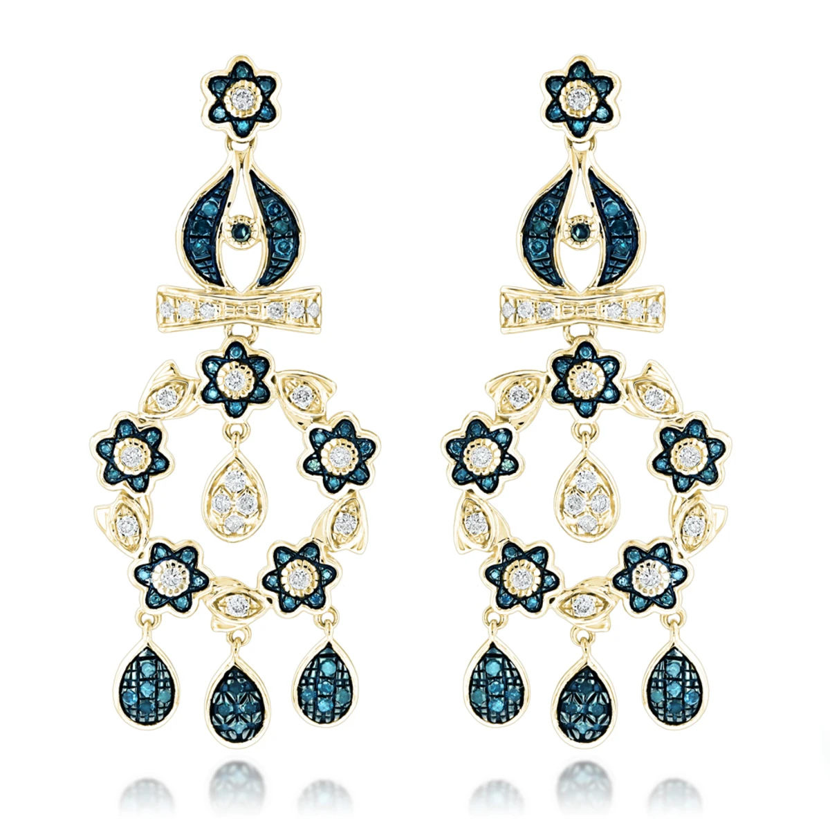 14K White Gold Blue Diamond Flower Chandelier Earrings 1.61ct 4 14K White Gold Blue Diamond Flower Chandelier Earrings 1.61ct - Image 2