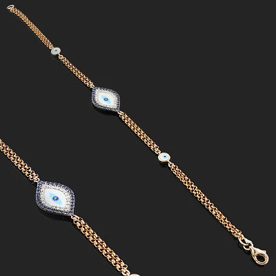 14K Rose Gold Diamond And Blue Sapphire Evil Eye Bracelet .14ct 3 14K Rose Gold Diamond And Blue Sapphire Evil Eye Bracelet .14ct