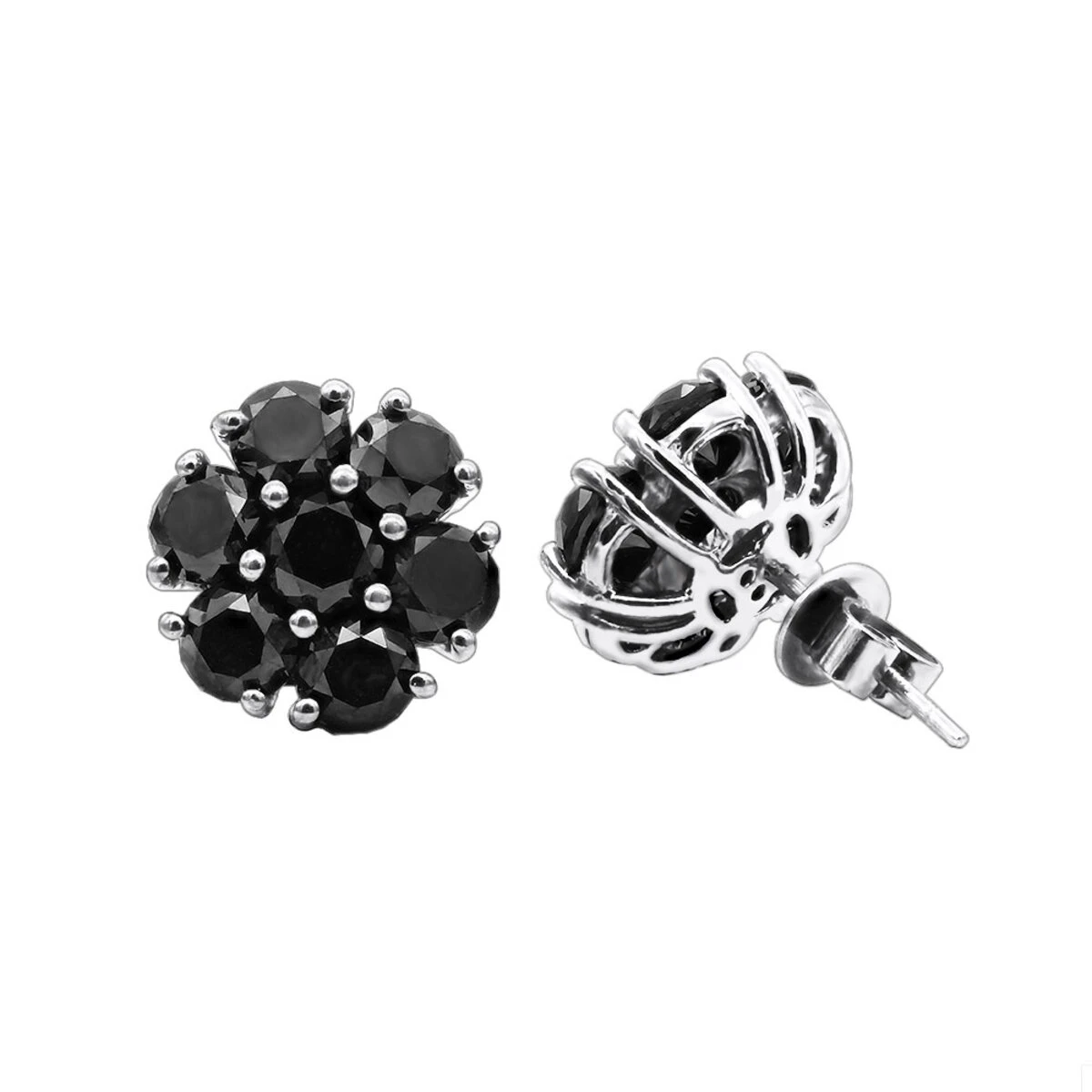 14K Black Plated Gold Cluster Black Diamond Stud Earrings 4.32ct 5 14K Black Plated Gold Cluster Black Diamond Stud Earrings 4.32ct - Image 3