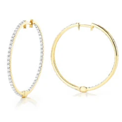 14K Yellow Gold 1 Row Inside Out Diamond Hoop Earrings 3.15ct