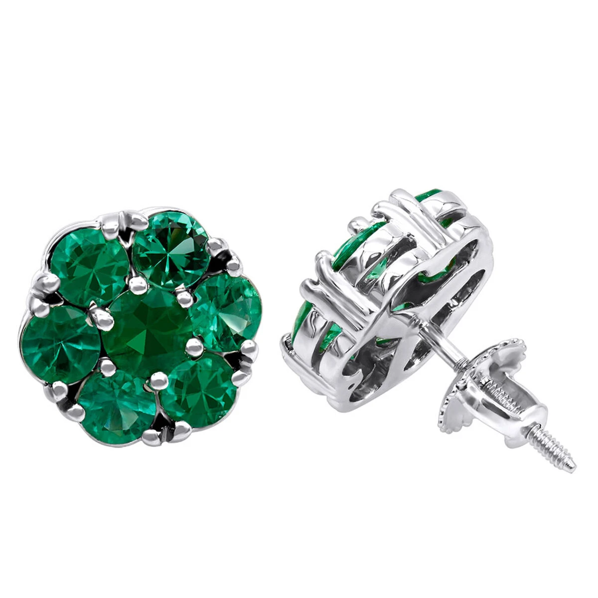 14K White Gold Cluster Emerald Stud Earrings 4ct 3 14K White Gold Cluster Emerald Stud Earrings 4ct