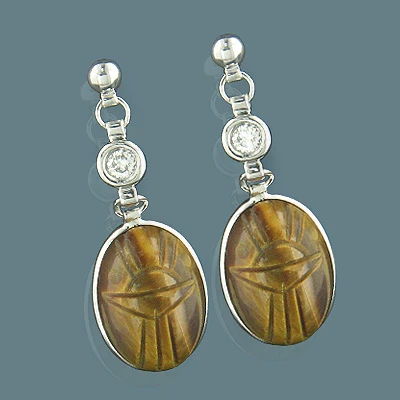 14K White Gold Diamond And Tiger Eye Scarab Earrings 0.25ct 3 14K White Gold Diamond And Tiger Eye Scarab Earrings 0.25ct