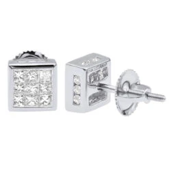 14K White Gold Princess Cut Diamond Stud Earrings For Men & Women 1 Carat