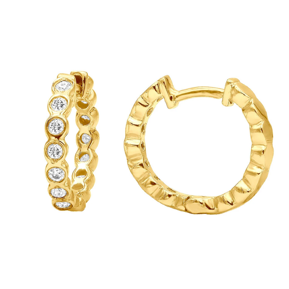 14K Yellow Gold Round Diamond Hoop Huggie Earrings 0.16ct 3 14K Yellow Gold Round Diamond Hoop Huggie Earrings 0.16ct