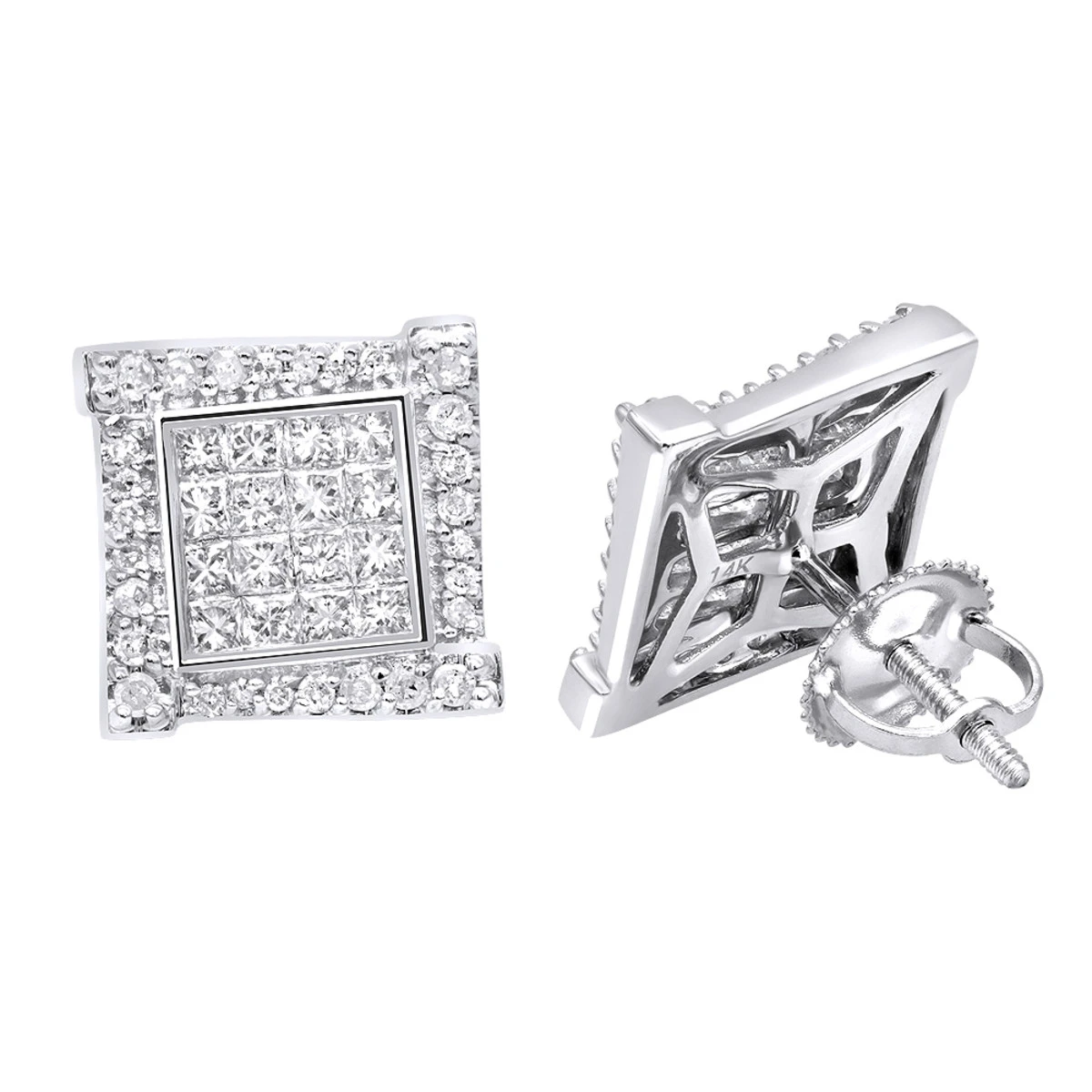 14K White Gold 1 Carat Round & Princess Cut Diamond Earrings Square Studs Men's Or Women's 4 14K White Gold 1 Carat Round & Princess Cut Diamond Earrings Square Studs Men's Or Women's - Image 2