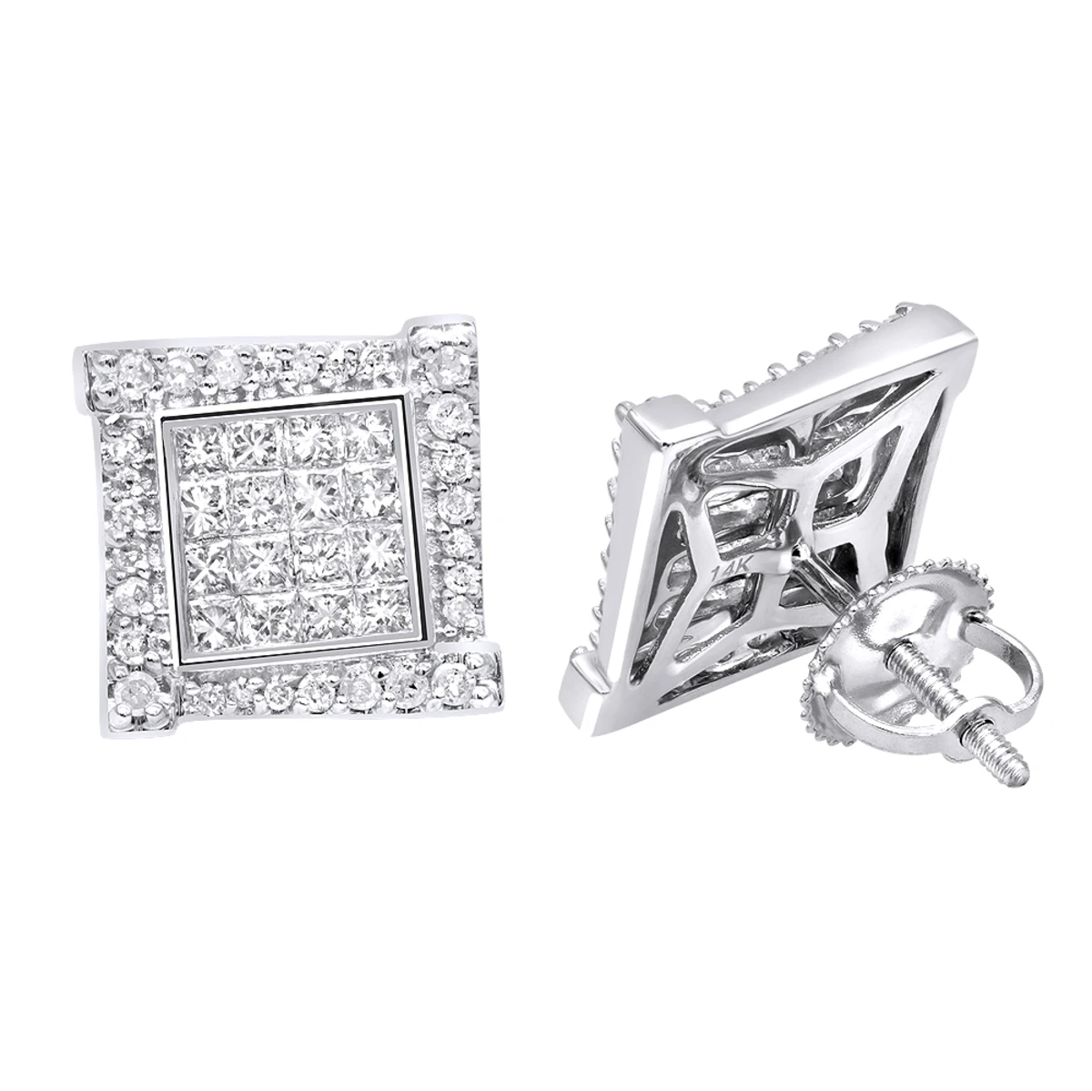 14K White Gold 1 Carat Round & Princess Cut Diamond Earrings Square Studs Men's Or Women's 3 14K White Gold 1 Carat Round & Princess Cut Diamond Earrings Square Studs Men's Or Women's