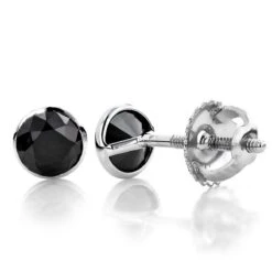 14K White Gold Solitaire 0.25ct Black Round Diamond Stud Earrings 3mm With Screw Backs