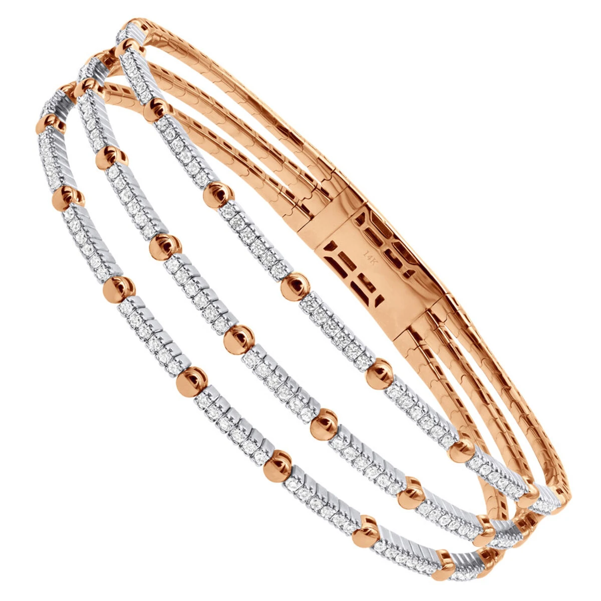 1.5 Carat Flexible Diamond Bangle Bracelet For Women Solid 14K Rose Gold 3 Row 2 1.5 Carat Flexible Diamond Bangle Bracelet For Women Solid 14K Rose Gold 3 Row