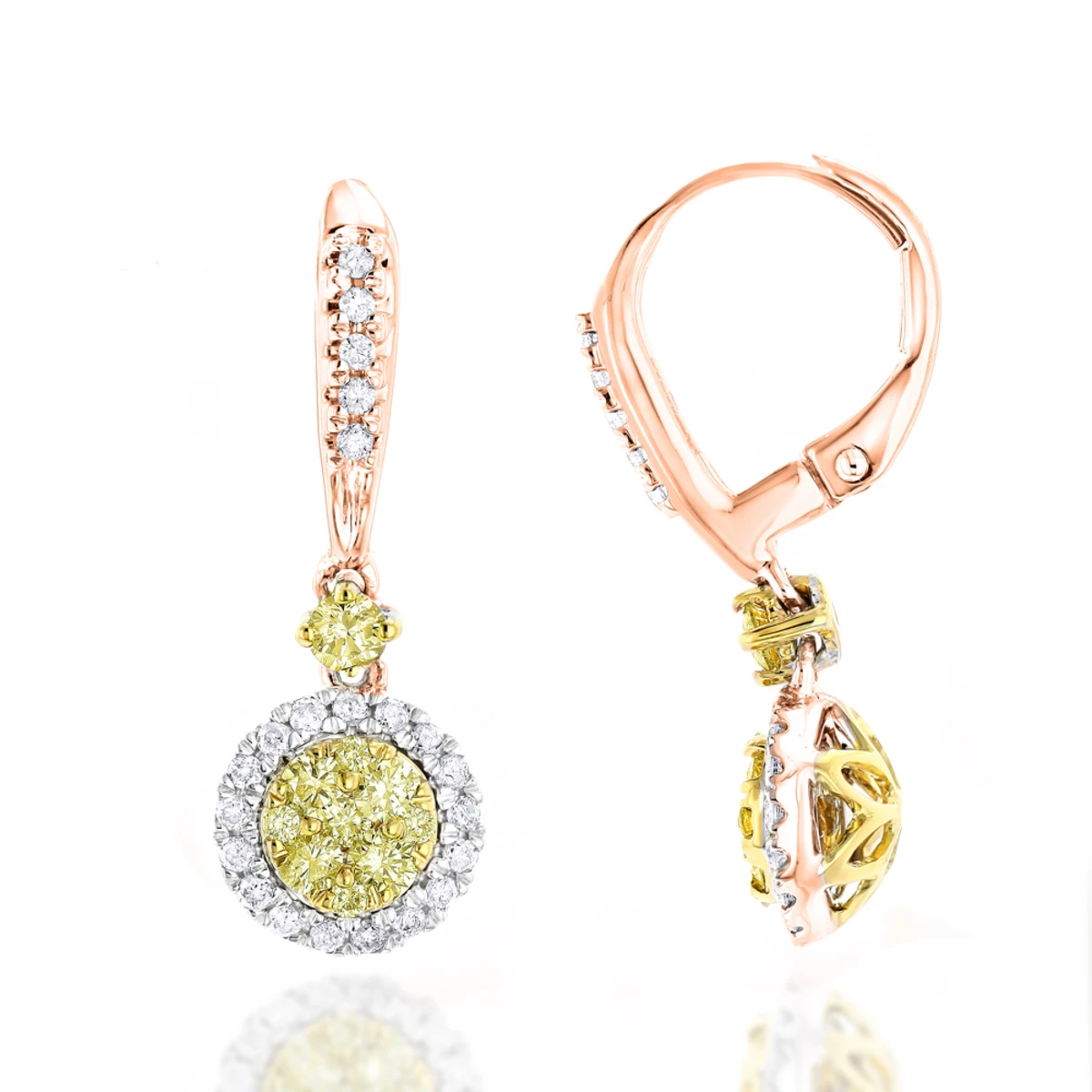 14K White Gold White Yellow Diamond Drop Earrings 1.2ct Women's Dangle Hoops 5 14K White Gold White Yellow Diamond Drop Earrings 1.2ct Women's Dangle Hoops - Image 3