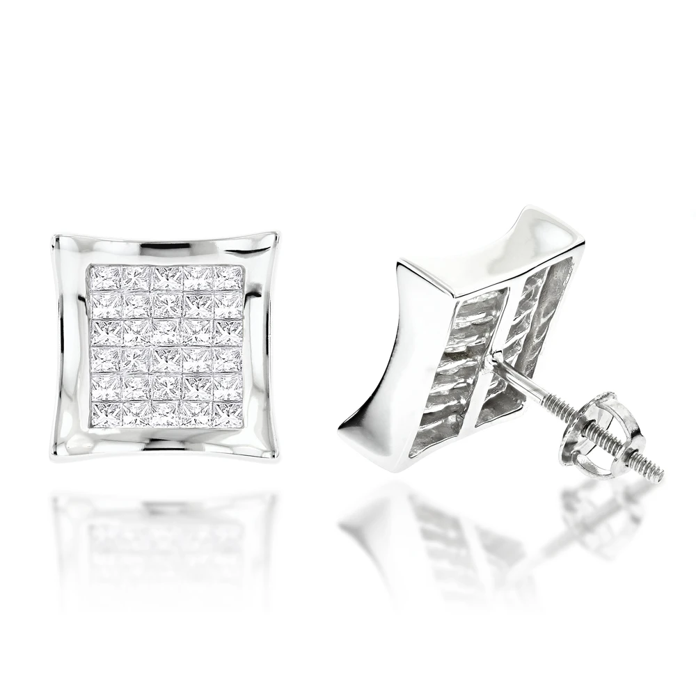 14K White Gold Invisible Set Princess Cut Diamond Stud Earrings For Men And Women 1.25ct Kite Shape 3 14K White Gold Invisible Set Princess Cut Diamond Stud Earrings For Men And Women 1.25ct Kite Shape
