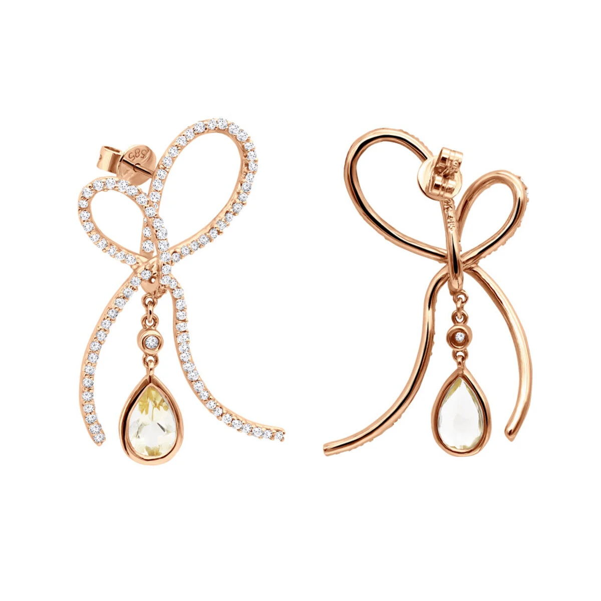 14K White Gold Lemon Quartz Diamond Bow Earrings 1.23ct 5 14K White Gold Lemon Quartz Diamond Bow Earrings 1.23ct - Image 3