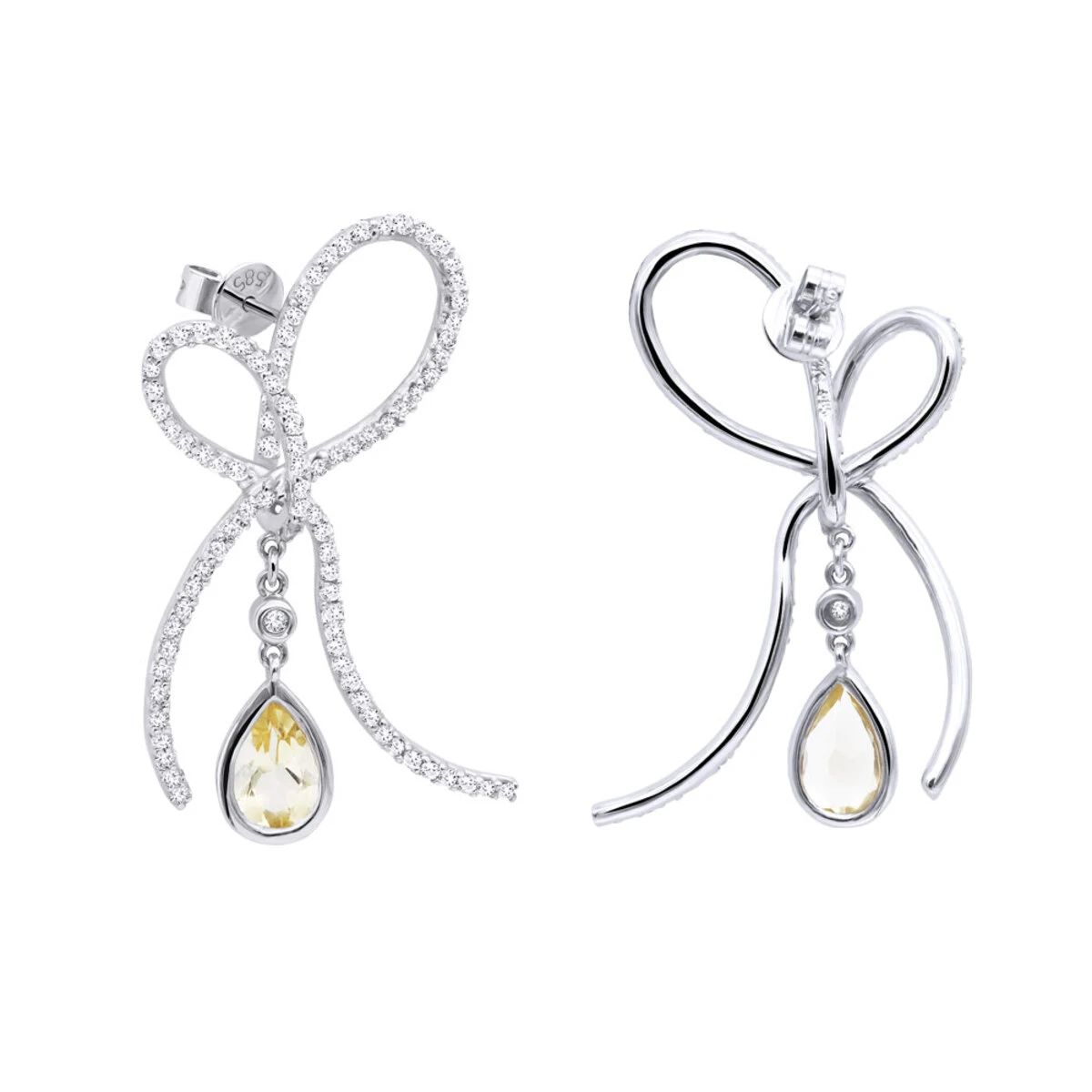 14K White Gold Lemon Quartz Diamond Bow Earrings 1.23ct 3 14K White Gold Lemon Quartz Diamond Bow Earrings 1.23ct