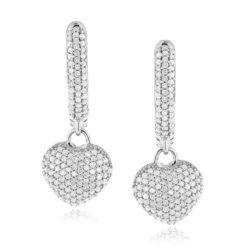 14K White Gold Pave Diamond Heart Earrings For Women 0.76ct