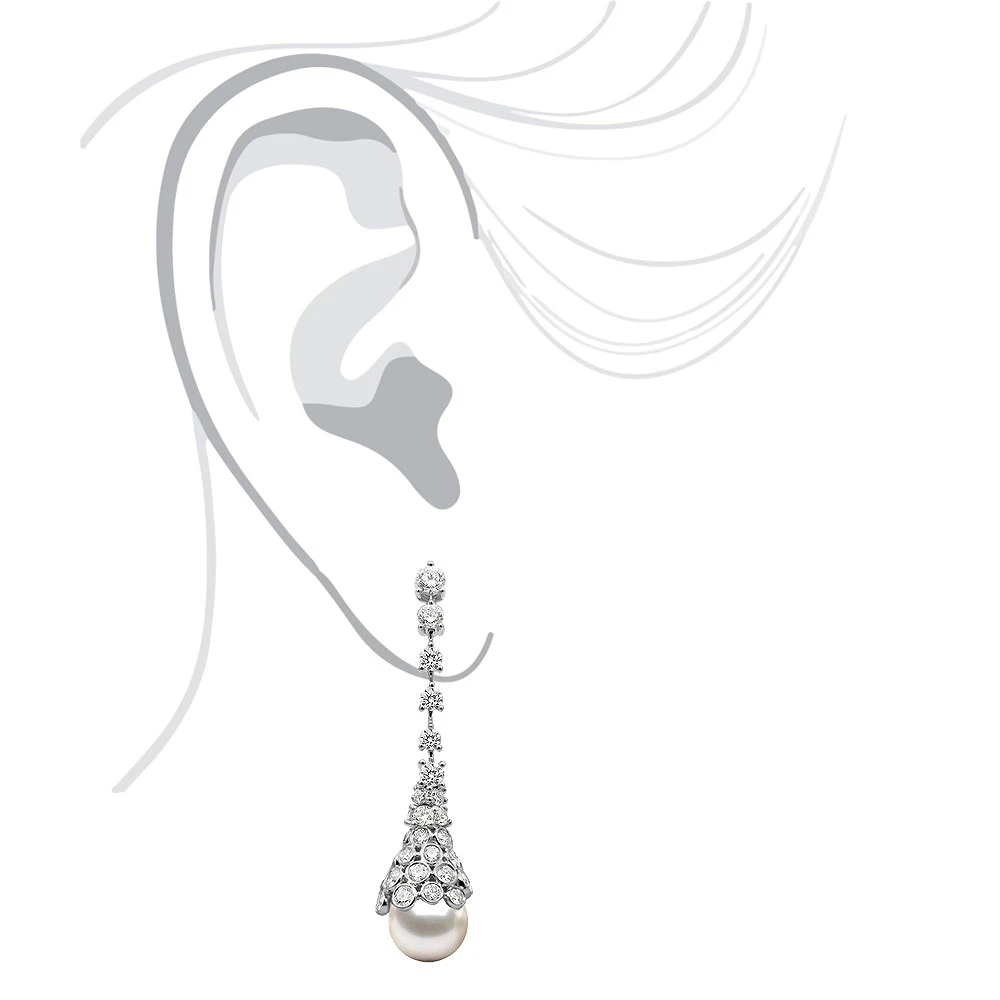 18K White Gold Diamond And Pearl Drop Earrings For Women 4.5 Carats F VS Diamonds 6 18K White Gold Diamond And Pearl Drop Earrings For Women 4.5 Carats F VS Diamonds - Image 4