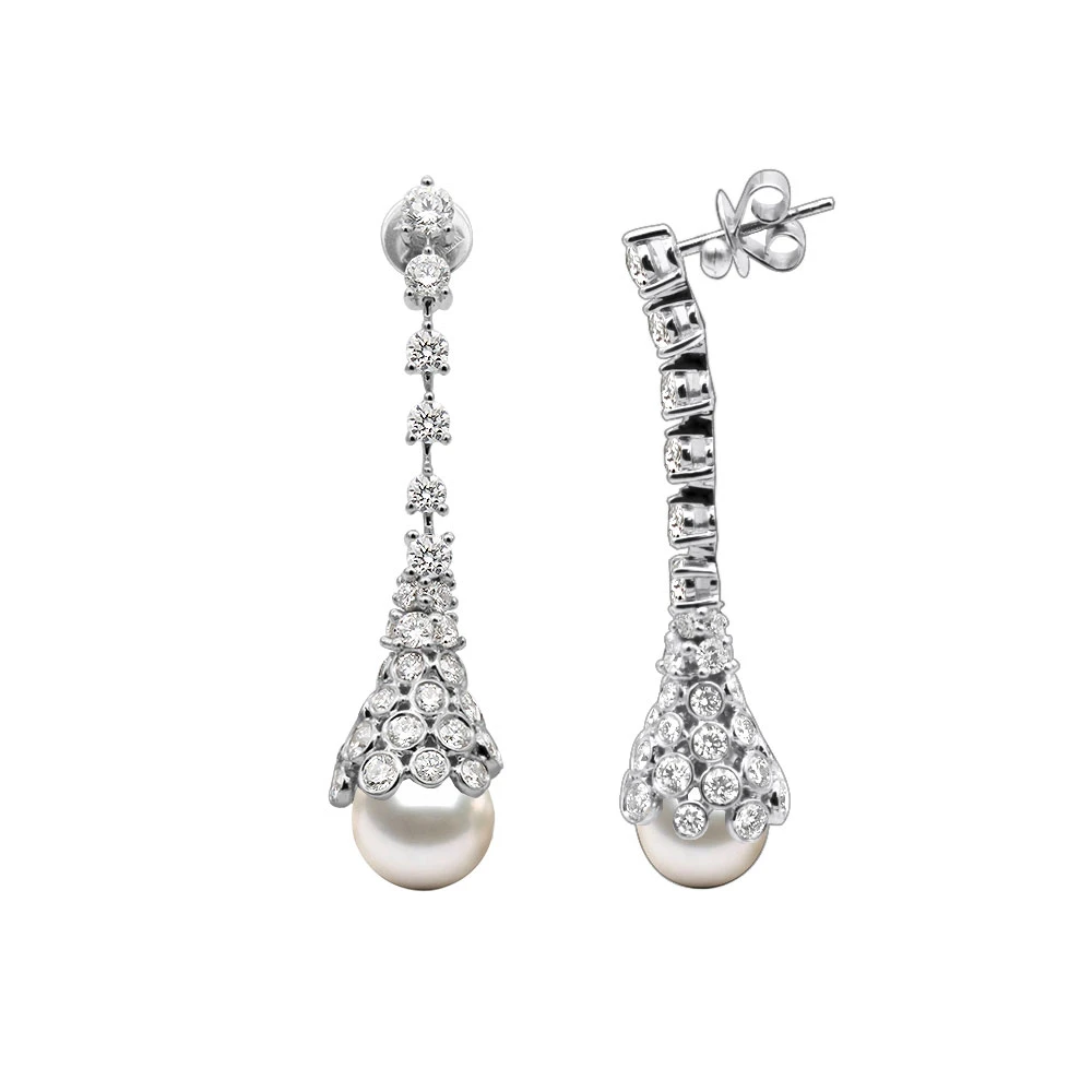 18K White Gold Diamond And Pearl Drop Earrings For Women 4.5 Carats F VS Diamonds 3 18K White Gold Diamond And Pearl Drop Earrings For Women 4.5 Carats F VS Diamonds