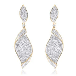 18K Yellow Gold Ladies Designer Diamond Leaf Earrings 3 Carats