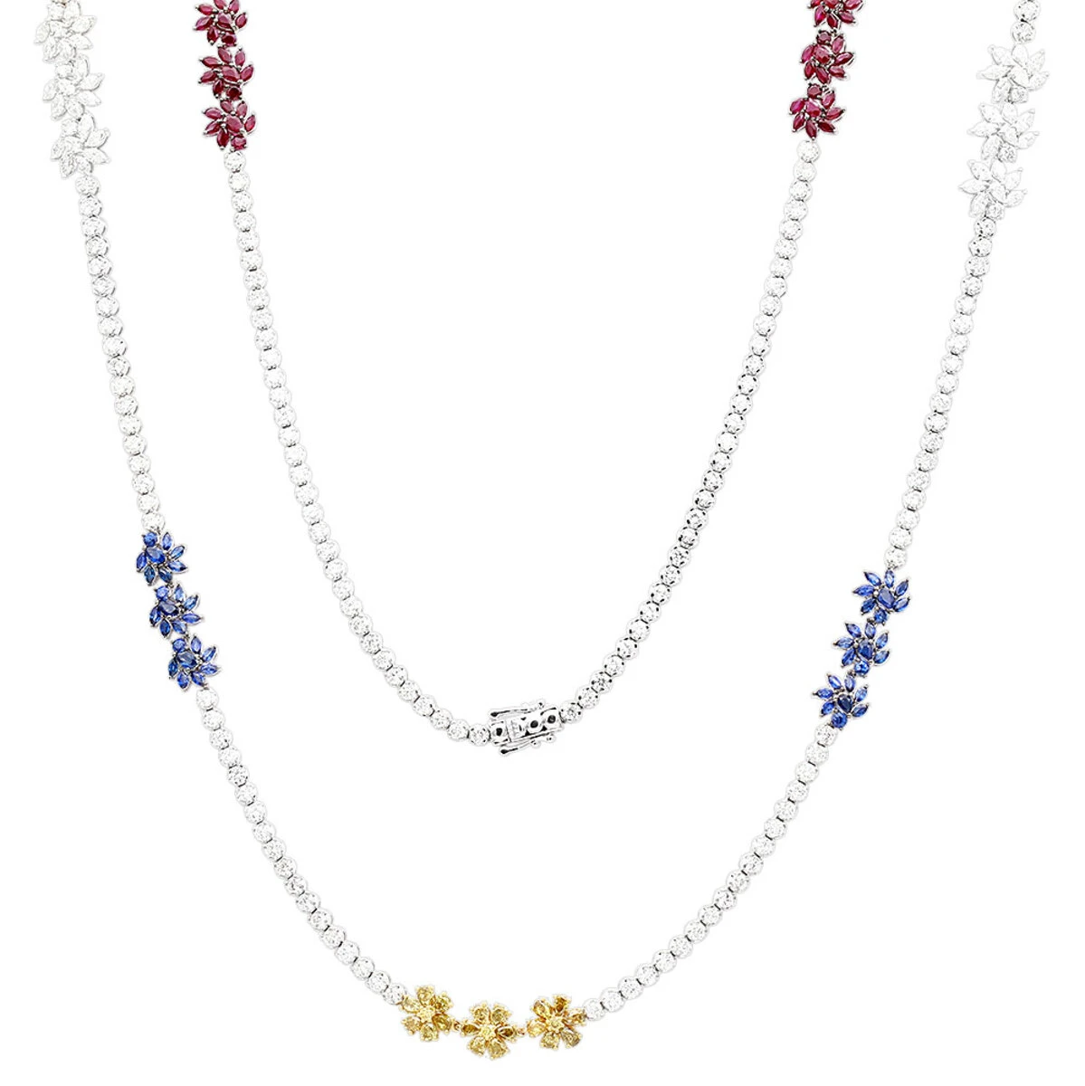 18K White Gold Ruby & Sapphire White Yellow Diamond Flower Necklace For Women 33c 3 18K White Gold Ruby & Sapphire White Yellow Diamond Flower Necklace For Women 33c