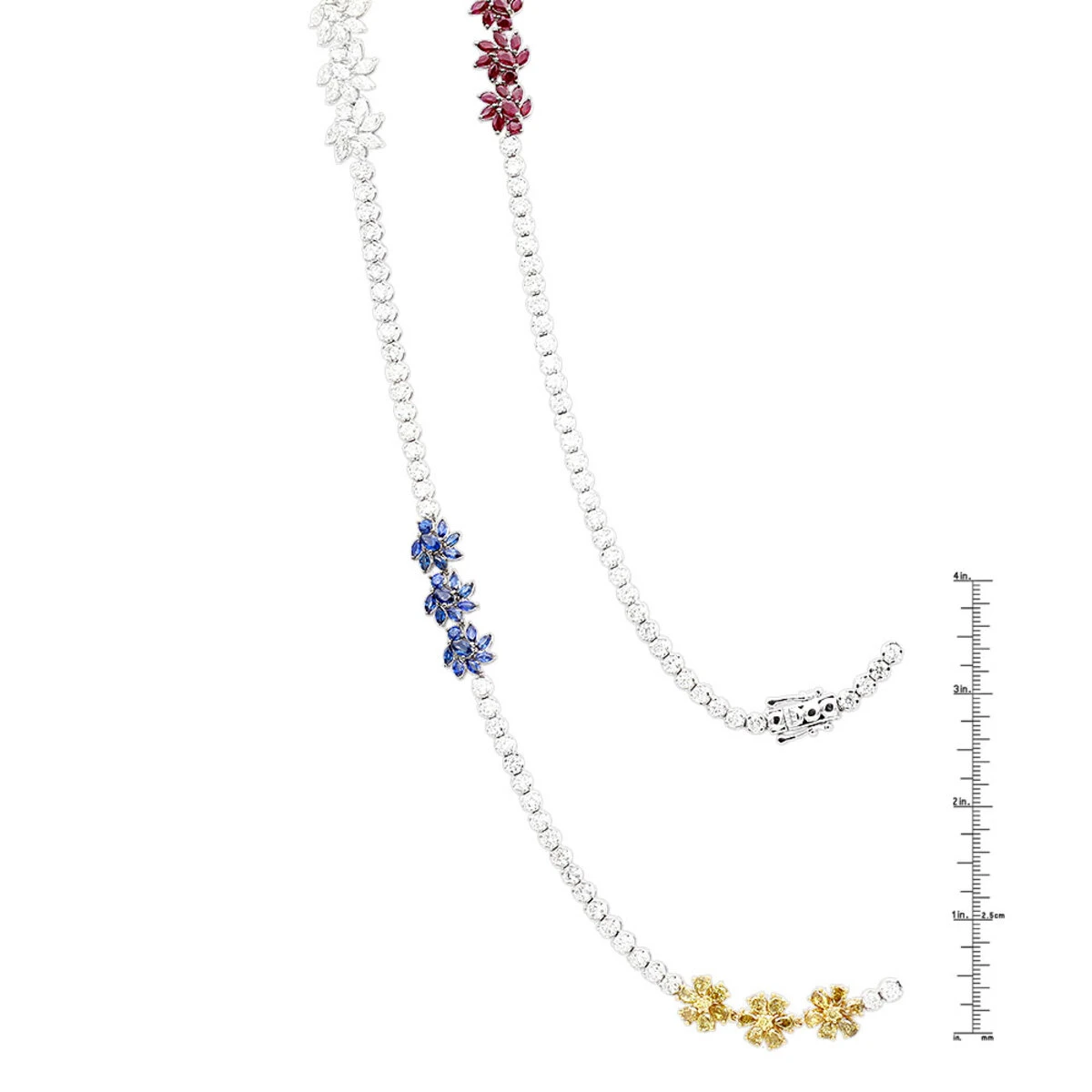18K White Gold Ruby & Sapphire White Yellow Diamond Flower Necklace For Women 33c 6 18K White Gold Ruby & Sapphire White Yellow Diamond Flower Necklace For Women 33c - Image 4