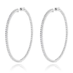 2 Inch Diamond Hoop Earrings 4ct 14K White Gold Inside Out Design
