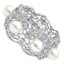 Art Deco White South Sea Pearl And Diamond Bracelet For Women 18K White Gold