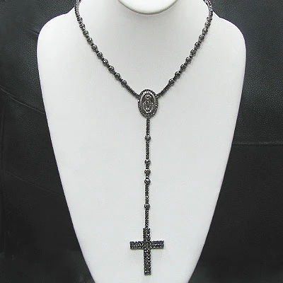 Solid 10K Black Plated Gold Black Diamond Rosary Necklace Chain With Cross 31.55ct 4 Solid 10K Black Plated Gold Black Diamond Rosary Necklace Chain With Cross 31.55ct - Image 2