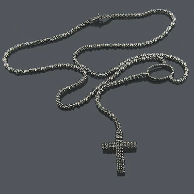 Black Rhodium 10K White Gold Black Diamond Rosary Chain Necklace 3 Black Rhodium 10K White Gold Black Diamond Rosary Chain Necklace