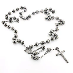 Black Silver Rosary Bead Necklace