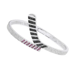 Custom Made 14K White Gold Hockey Stick Rubies White Black Diamond Bangle Bracelet