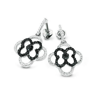 Dangling Flower Earrings With Black And White Diamonds 0.53ct 14K White Gold 4 Dangling Flower Earrings With Black And White Diamonds 0.53ct 14K White Gold - Image 2