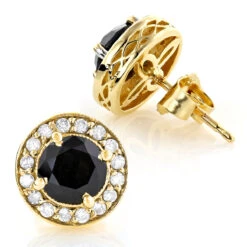 Designer 14K Yellow Gold White Black Diamond Stud Earrings 1.92ct