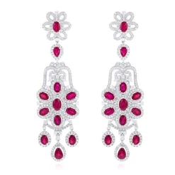14K White Gold Designer Chandelier Ruby Diamond Earrings By Luxurman