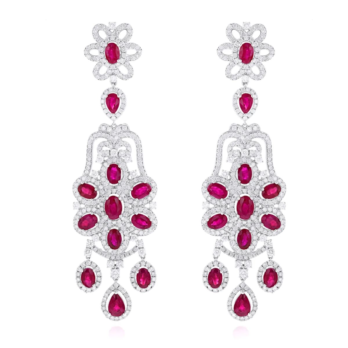 14K White Gold Designer Chandelier Ruby Diamond Earrings By Luxurman 3 14K White Gold Designer Chandelier Ruby Diamond Earrings By Luxurman