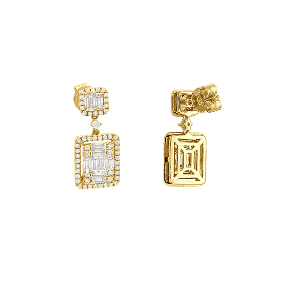 Designer Ladies Round & Baguette Diamond Drop Earrings 14K Yellow Gold 1.75ct 3 Designer Ladies Round & Baguette Diamond Drop Earrings 14K Yellow Gold 1.75ct