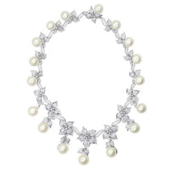 Designer South Sea Pearl And Diamond Necklace Flower Design 18K White Gold