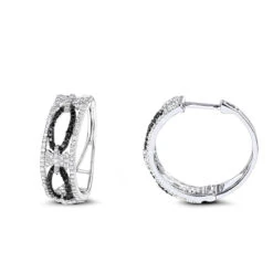 Designer White Black Diamond Hoop Earrings 0.9 Ct 14K White Gold