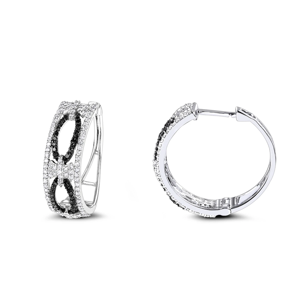 Designer White Black Diamond Hoop Earrings 0.9 Ct 14K White Gold 3 Designer White Black Diamond Hoop Earrings 0.9 Ct 14K White Gold