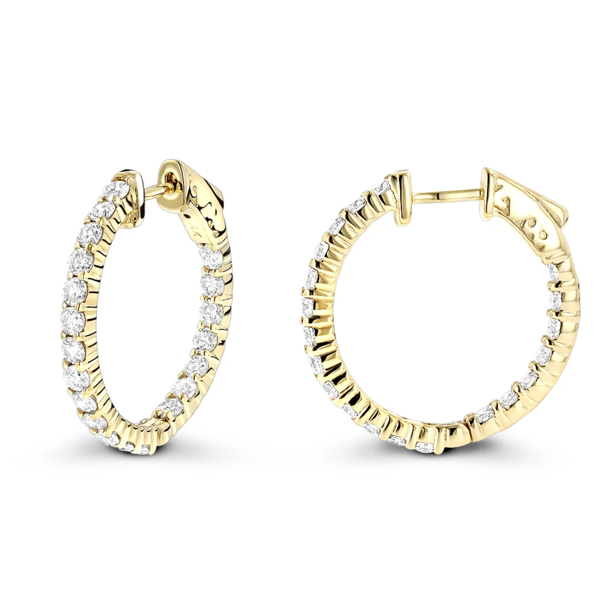 Diamond Hoop Earrings 2.20ct 14K Yellow Gold Inside Out 3 Diamond Hoop Earrings 2.20ct 14K Yellow Gold Inside Out