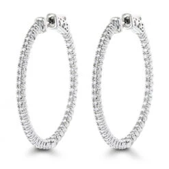 1.5in 14K White Gold Diamond Hoop Earrings Inside Out 1ct By Luxurman