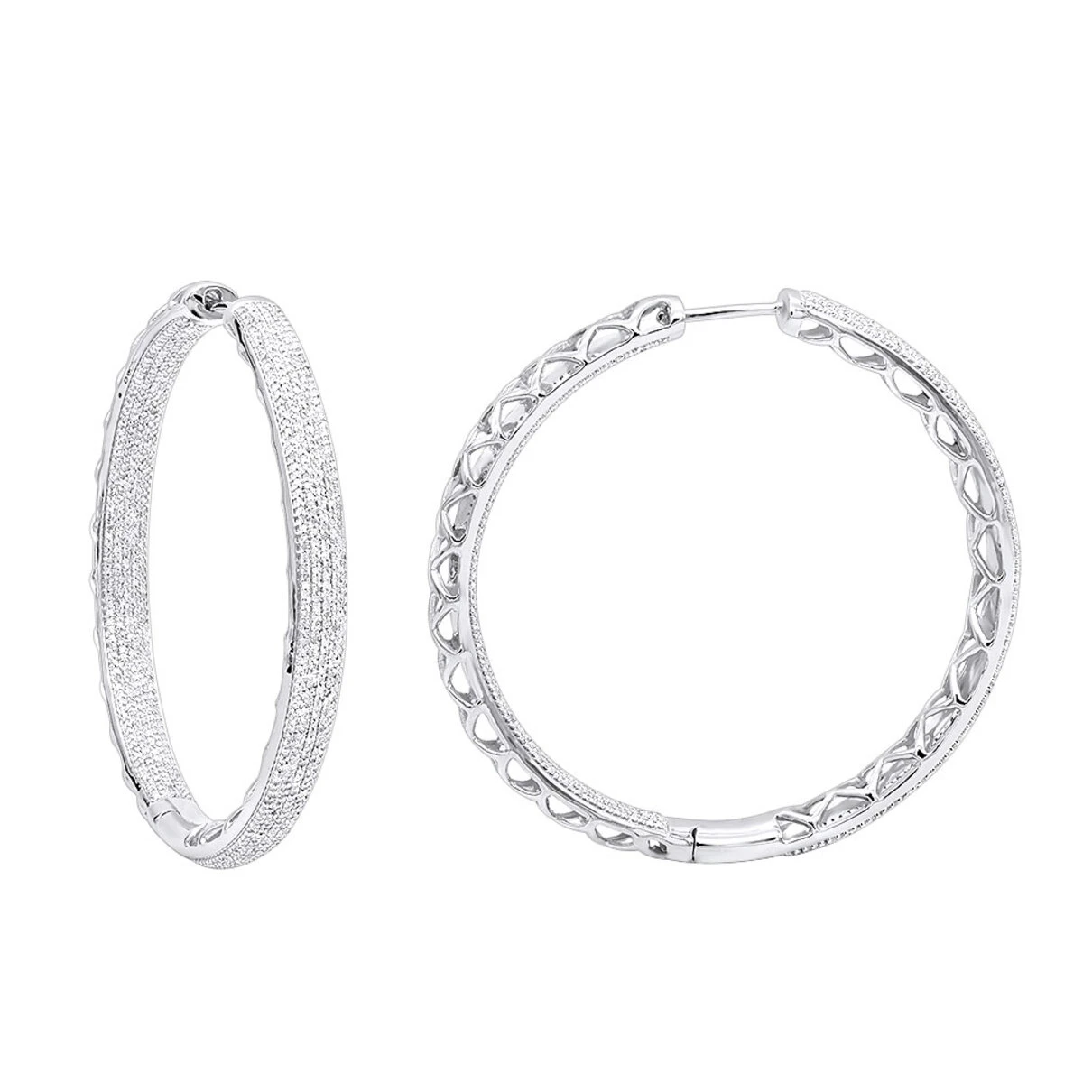 14K White Gold Large Diamond Hoop Earrings 3.5ct Inside Out Pave Setting 3 14K White Gold Large Diamond Hoop Earrings 3.5ct Inside Out Pave Setting