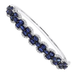 Blue Sapphire And Diamond Bangle Bracelet For Women 14K White Gold 9.5CT LUXURMAN