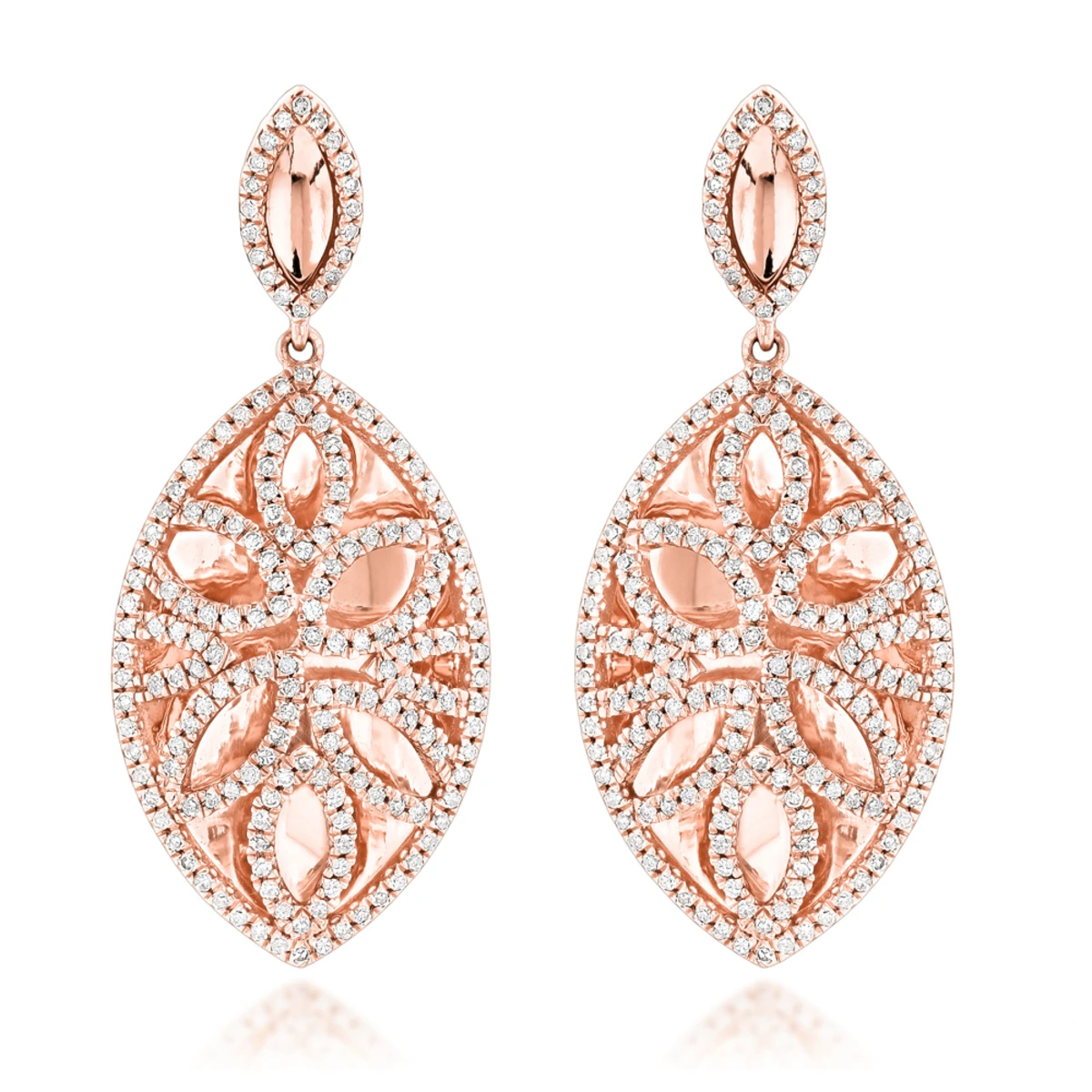 Diamond Flower Earrings For Women 14K Rose Gold Drop Earrings Leafs Design 1 Carat 3 Diamond Flower Earrings For Women 14K Rose Gold Drop Earrings Leafs Design 1 Carat
