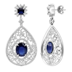 Unique Designer Blue Sapphire And Diamond Drop Earrings For Women 18K White Gold