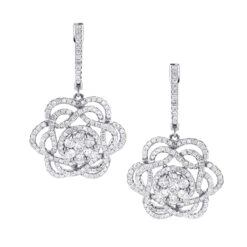 Ladies Diamond Flower Drop Earrings 2.9ct 14K White Gold Unique Design