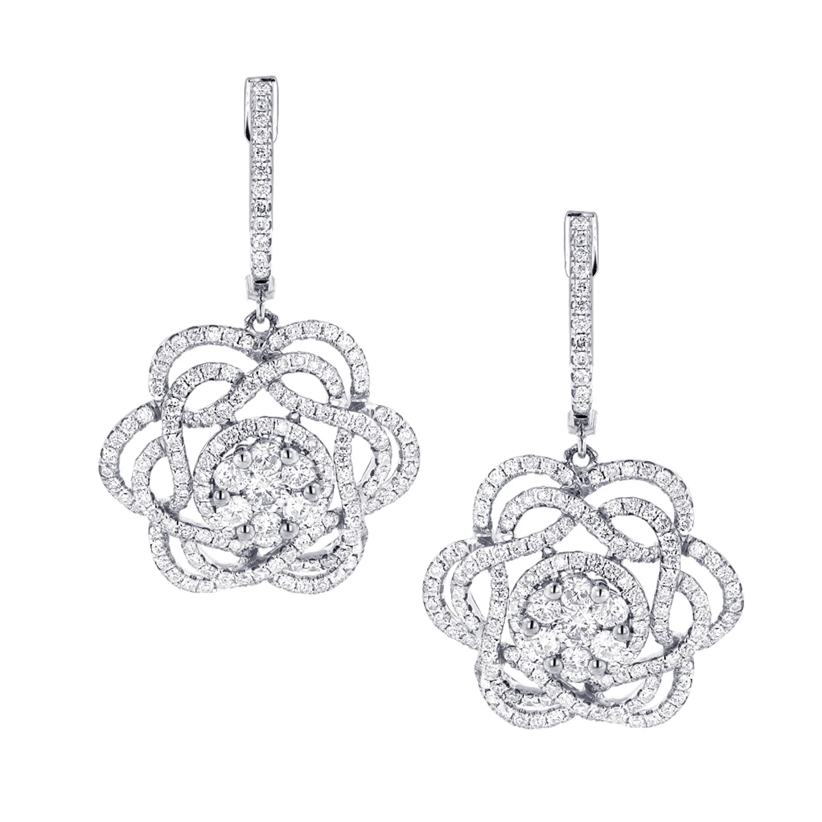 Ladies Diamond Flower Drop Earrings 2.9ct 14K White Gold Unique Design 3 Ladies Diamond Flower Drop Earrings 2.9ct 14K White Gold Unique Design