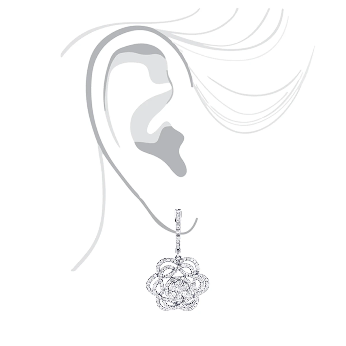 Ladies Diamond Flower Drop Earrings 2.9ct 14K White Gold Unique Design 5 Ladies Diamond Flower Drop Earrings 2.9ct 14K White Gold Unique Design - Image 3